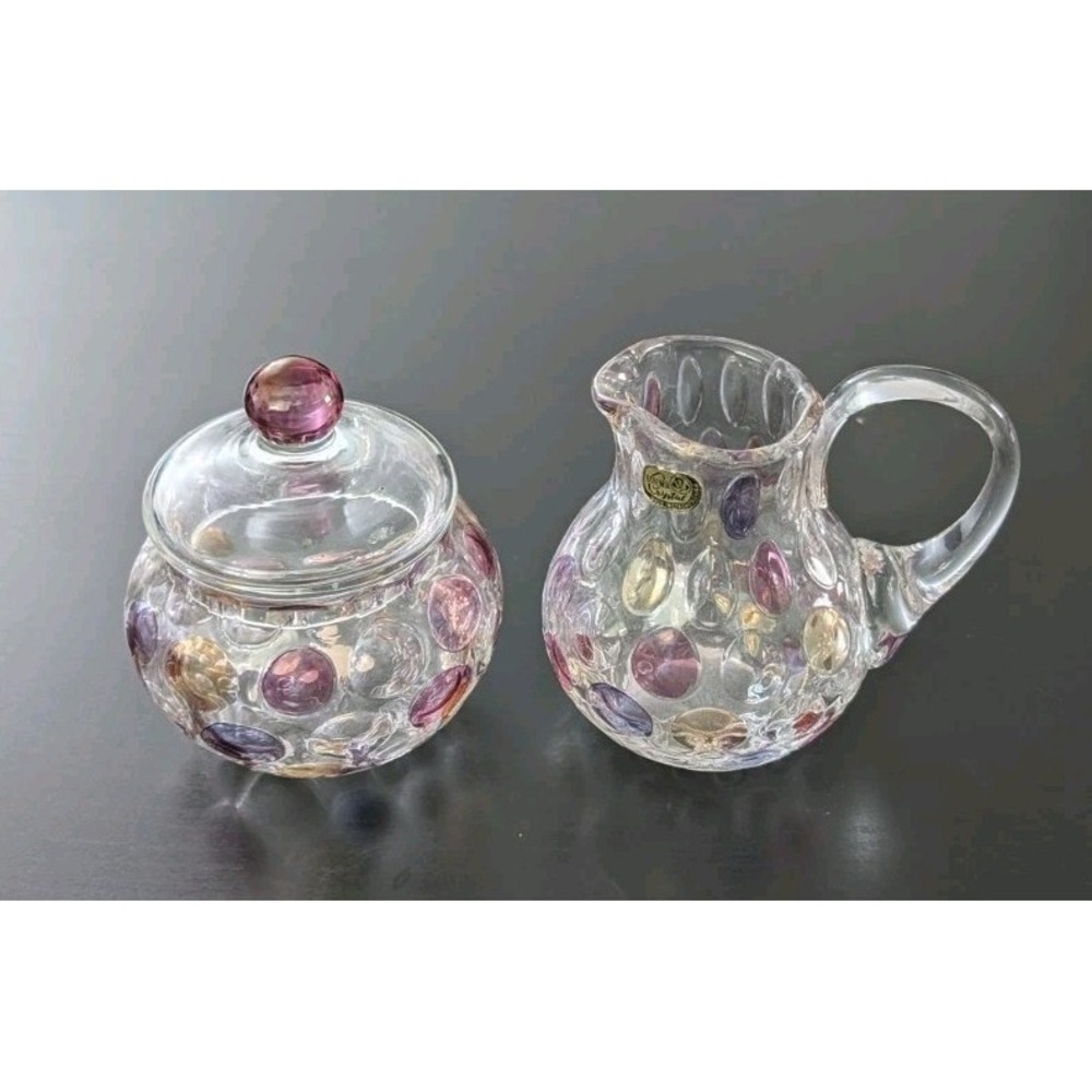 Vintage Bohemia Crystal Thumbprint Coin DOT ART GLASS sugar and creamer‎